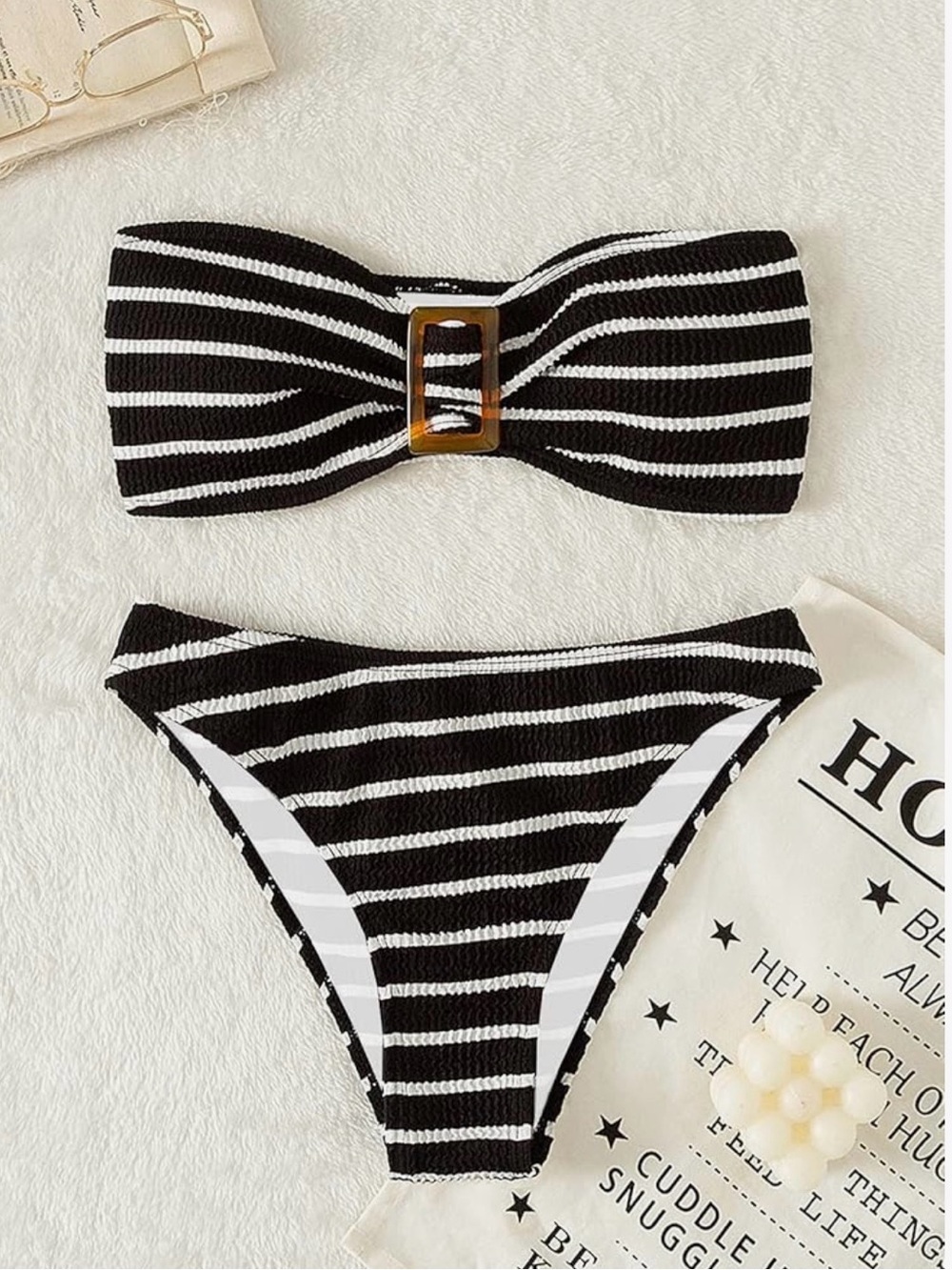 Black & White Striped Bandeau Bikini with Tortoise Buckle